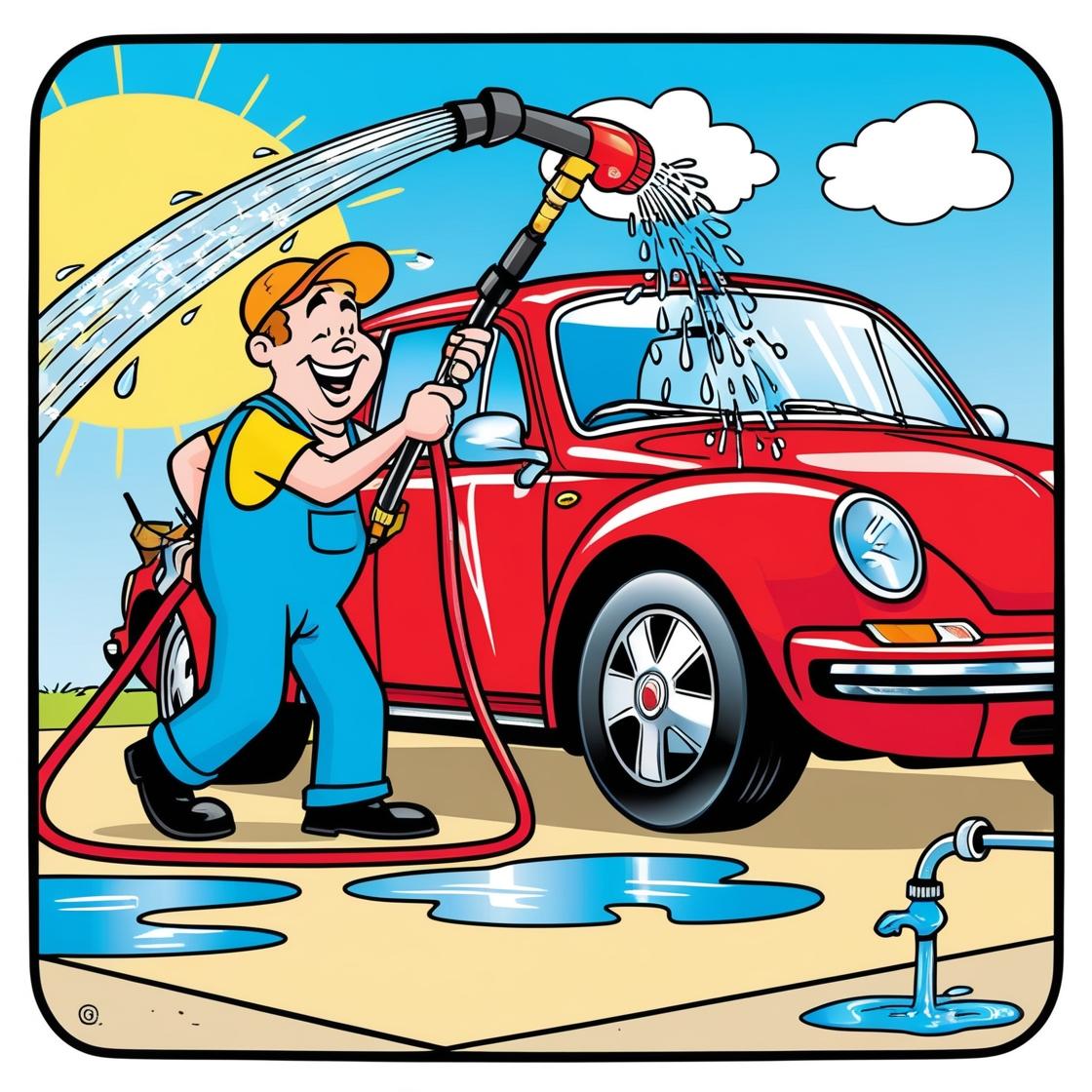Lavando o carro com mangueira